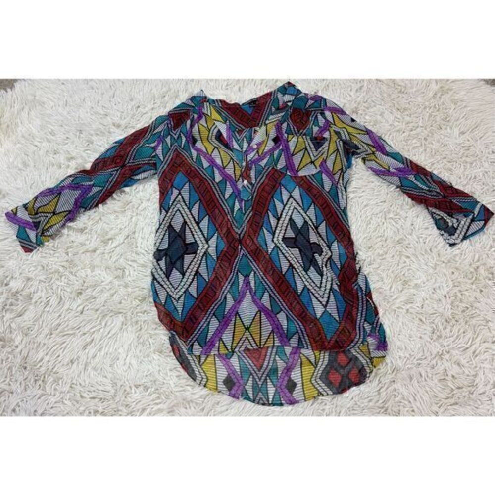 Purple, Turquoise, Black, Blue & Red Geometric Long Sleeve Blouse by Audrey Ann